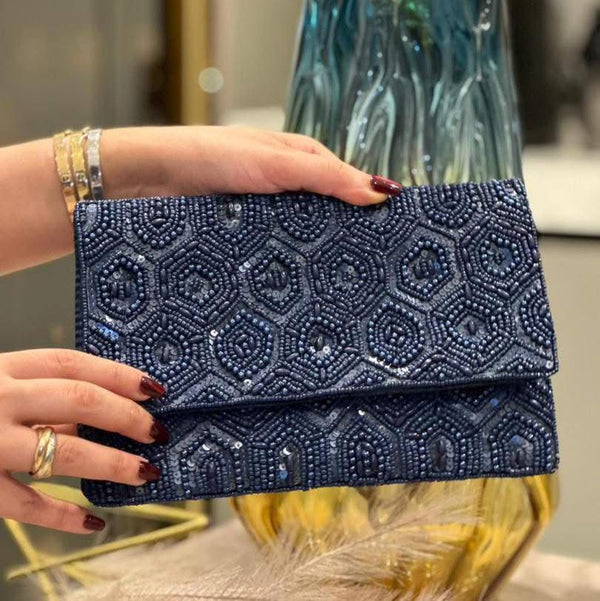 Navy Blue Embroidered Clutch
