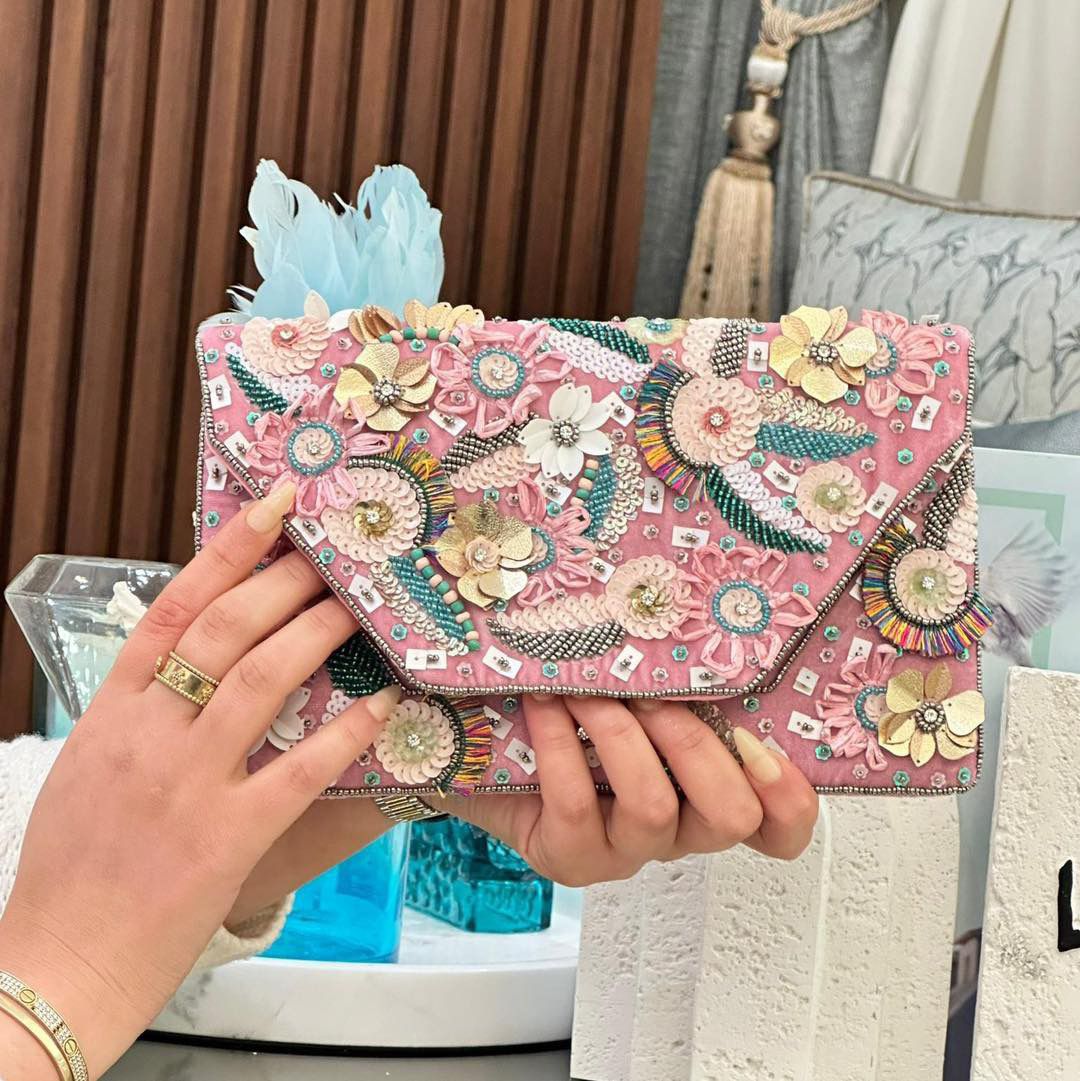 Pink Floral Embroidered Clutch