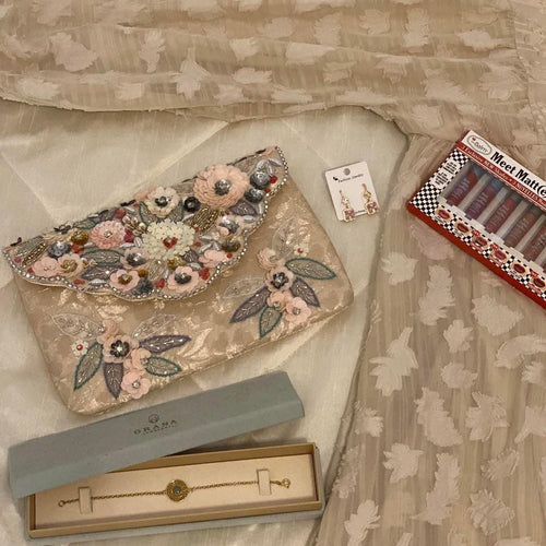 Beige Beaded Party Clutch