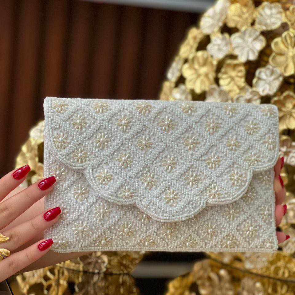 White Chevron Embroidered Clutch
